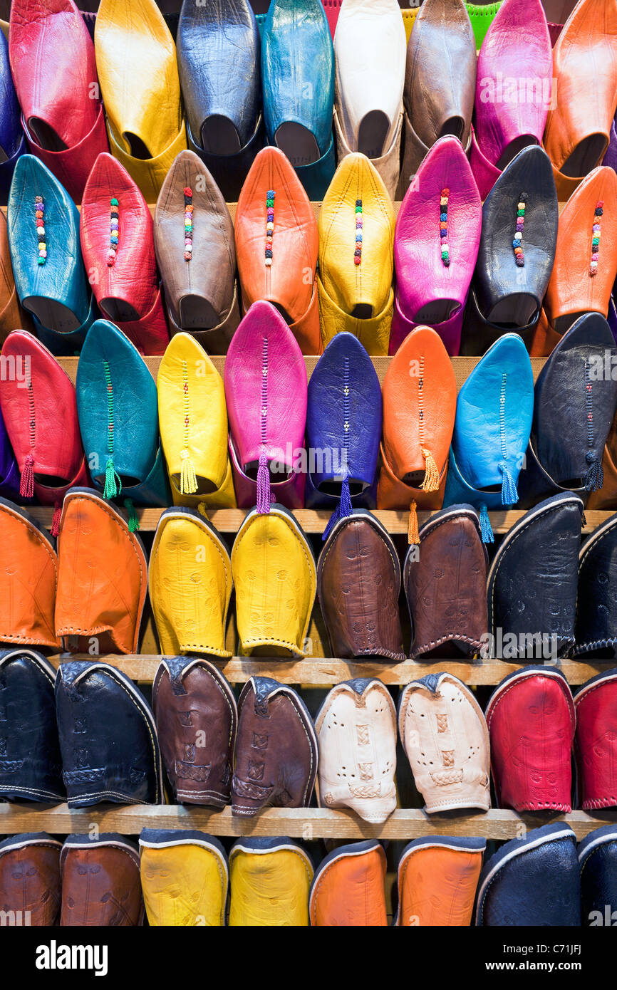 Soft leather Moroccan slippers in the Souk, Medina, Marrakesh, Morocco, North Africa Stock Photo
