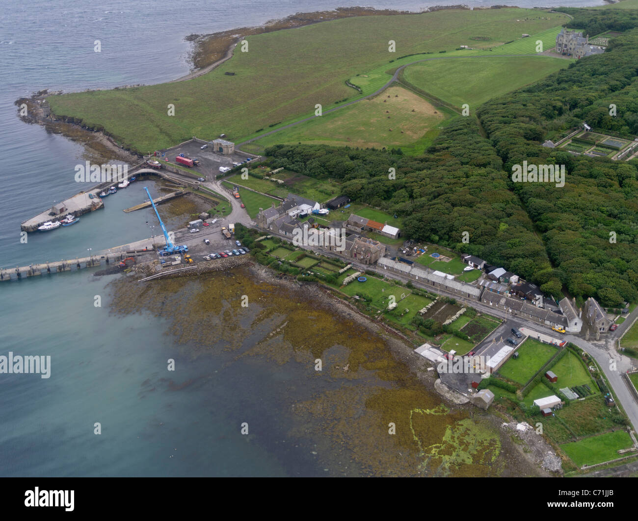 dh  SHAPINSAY ORKNEY Aerial view of Shapinsay village scottish island coast uk islands Stock Photo