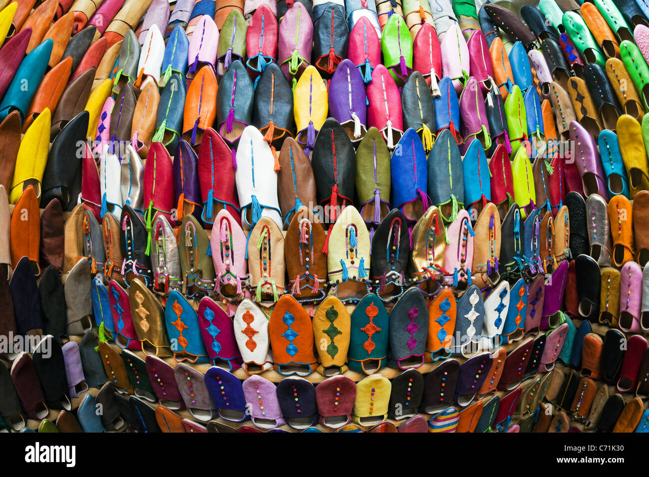 Soft leather Moroccan slippers in the Souk, Medina, Marrakesh, Morocco, North Africa Stock Photo