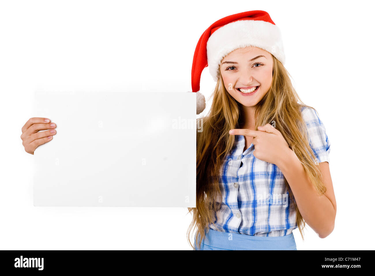 Santa women pointing at the white board on a isolated background Stock Photo