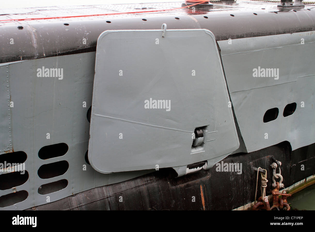 bow diving plane folded back San Francisco Fisherman's Wharf. USS