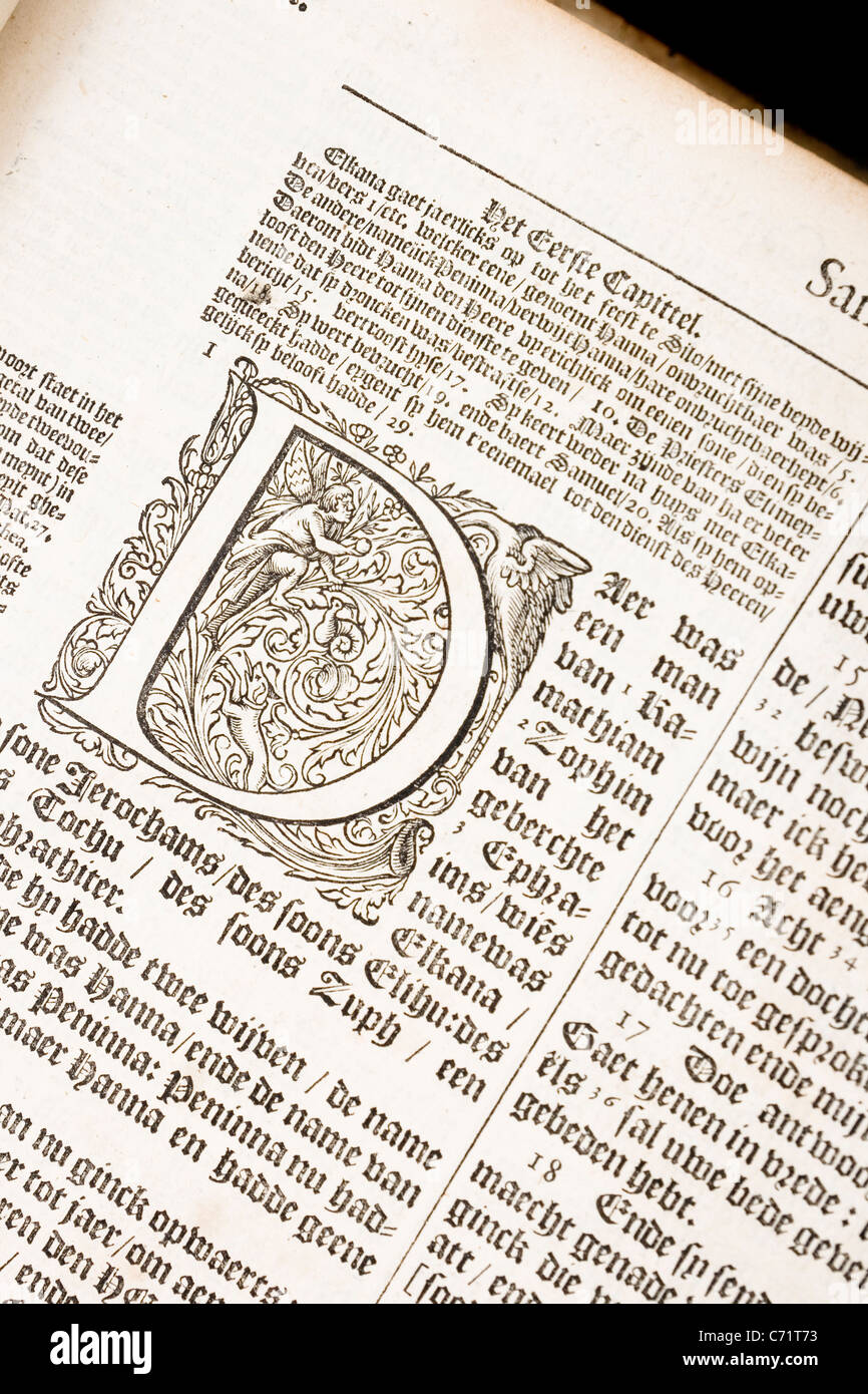 fancy D letter from 17th century Dutch bible Stock Photo