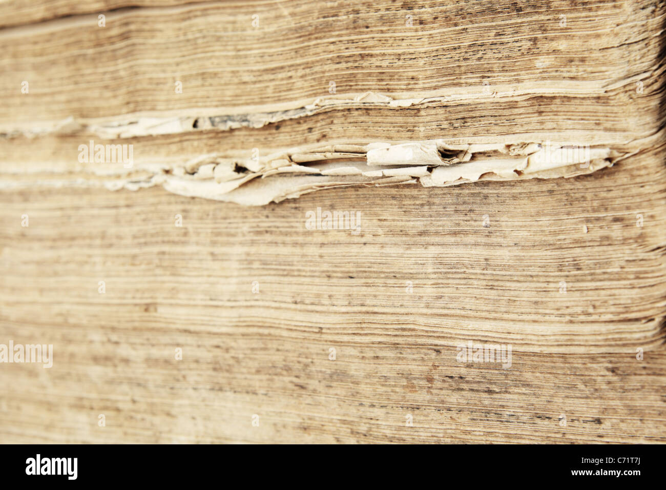 the worn and uneven ragged edges of an old antique book Stock Photo