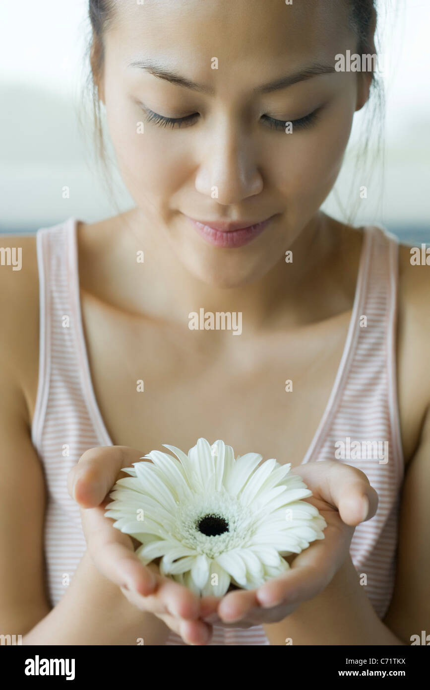 Young woman holding gerbera daisy, portrait Stock Photo