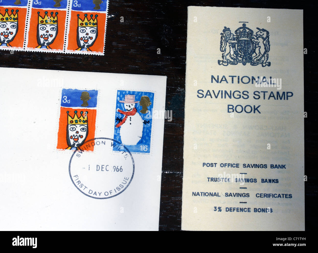 1966 Postage stamps and National Savings Stamp Book The Post Office, recreating a provincial post office counter of the 1960's Stock Photo