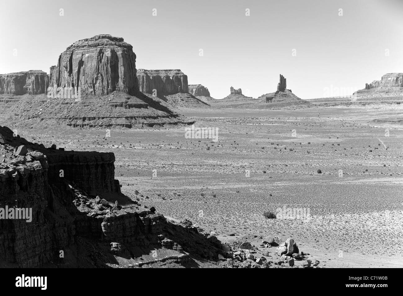 Monument valley Navajo tribal park in black and white Arizona USA Stock Photo