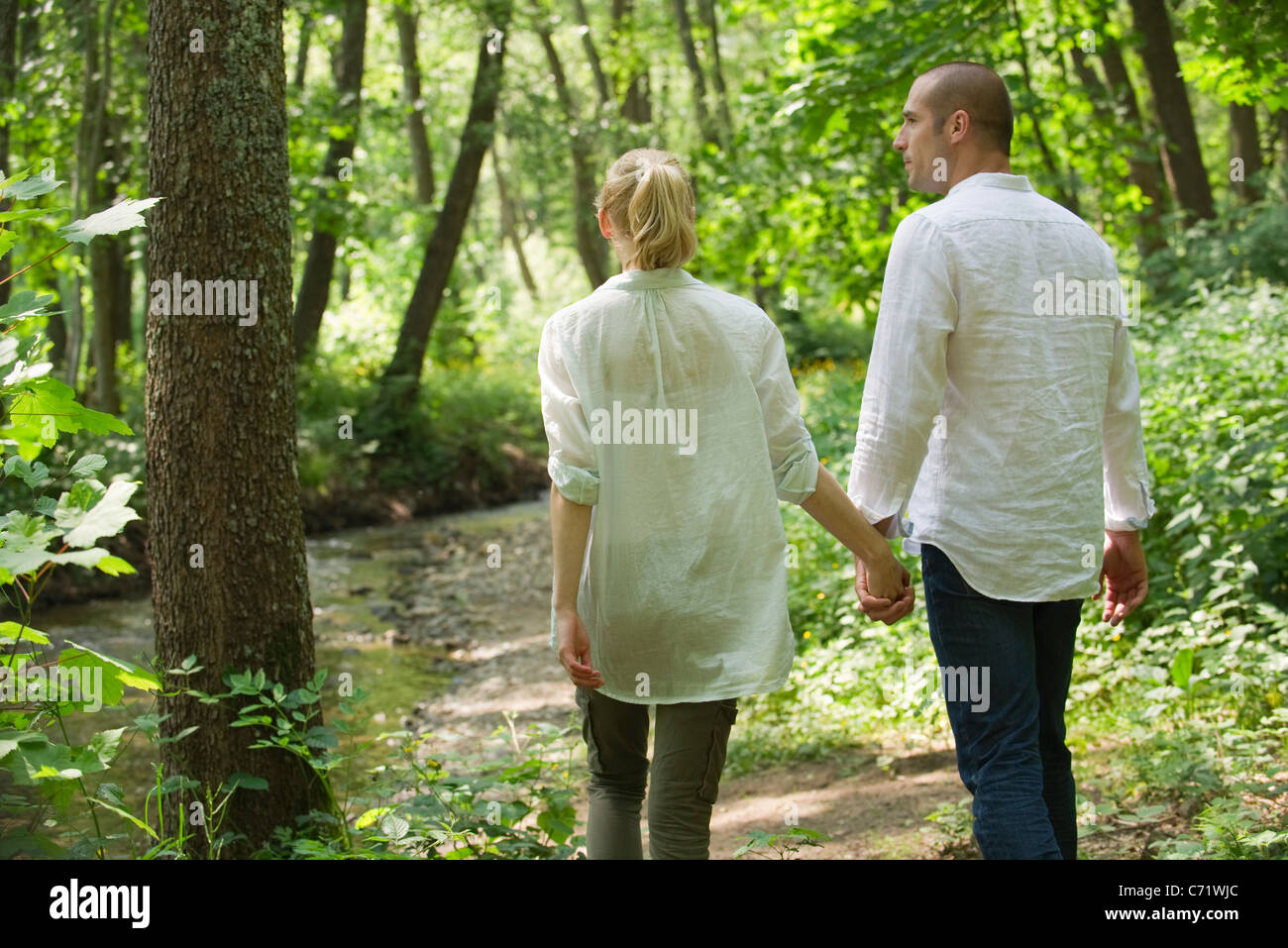 Couple walking in woods, rear view Stock Photo - Alamy