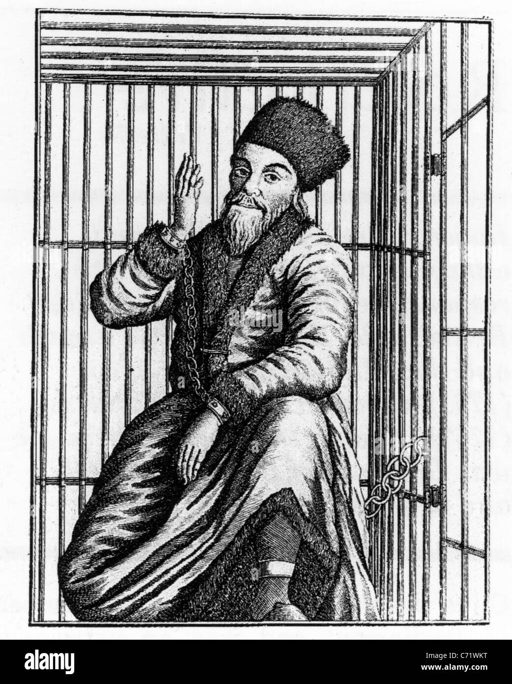 YEMELYAN PUGACHEV (c 1742-1775) Pretender to Russian throne who led a Cossack rebellion. Shown here caged before his execution. Stock Photo