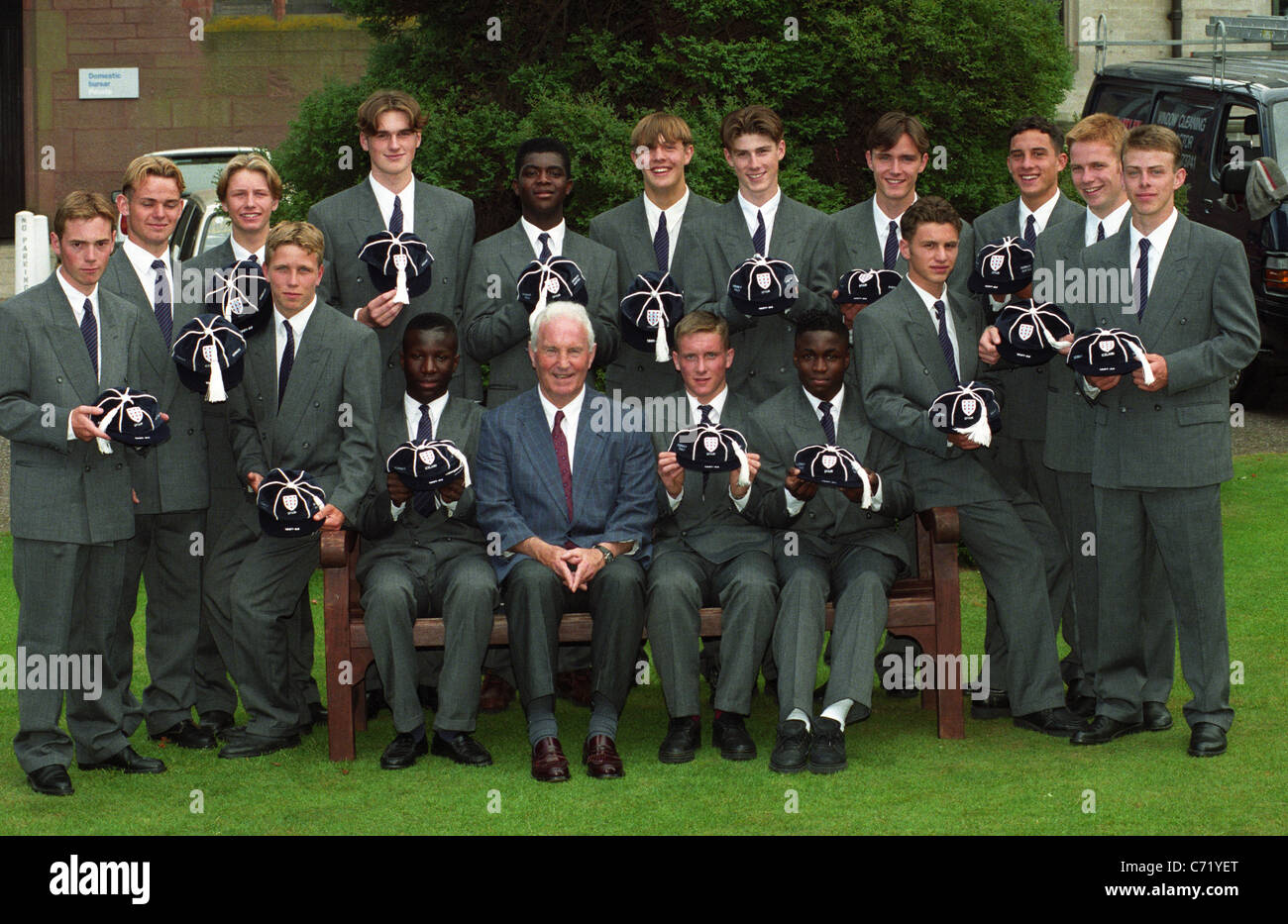 England coach Dave Sexton with the England Football Association school of excellence graduates. The Class of '93 at the FA School of Excellence at Lilleshall Hall, which honed the talents of some of England's most promising young footballers. Here the graduates pose with Dave Sexton, the FA school's former technical director, in July 1993. The graduates that year were David Beresford, Albert Clarke, Neil Cutler, Clinton Ellis, Jamie Howell, Richard Hurst, Andrew Lovelock, Jonathan O'Connor, Steven Pass, Gary Pearson, Mark Peters, Ian Smith, Simon Spencer, Matthew Thorp, Dene White, Simon Wood. Stock Photo