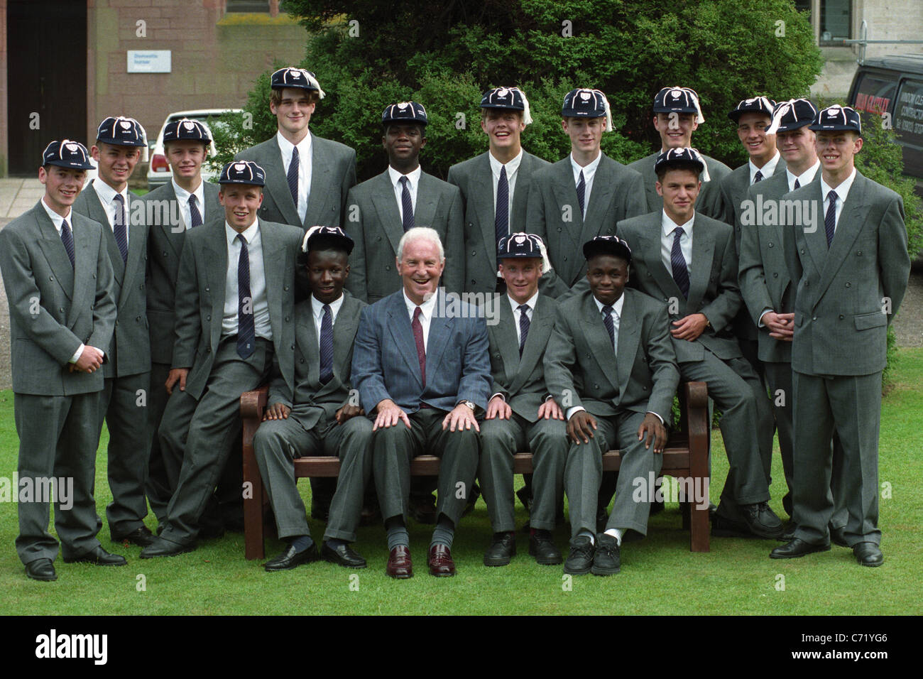 England coach Dave Sexton with the England Football Association school of excellence graduates. The Class of '93 at the FA School of Excellence at Lilleshall Hall, which honed the talents of some of England's most promising young footballers. Here the graduates pose with Dave Sexton, the FA school's former technical director, in July 1993. The graduates that year were David Beresford, Albert Clarke, Neil Cutler, Clinton Ellis, Jamie Howell, Richard Hurst, Andrew Lovelock, Jonathan O'Connor, Steven Pass, Gary Pearson, Mark Peters, Ian Smith, Simon Spencer, Matthew Thorp, Dene White, Simon Wood. Stock Photo