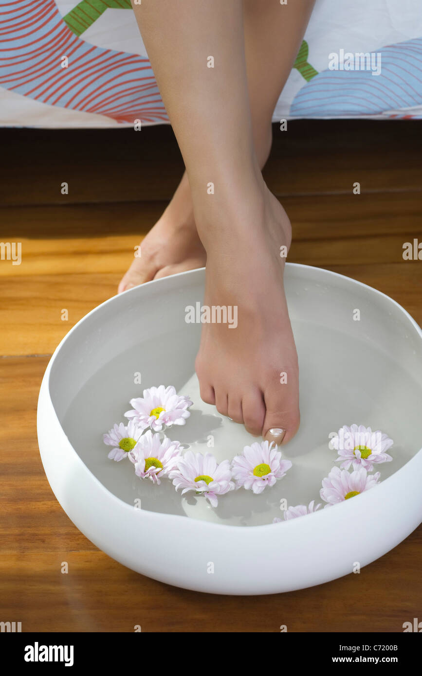Woman soaking feet in bowl filled with water and flowers Stock Photo