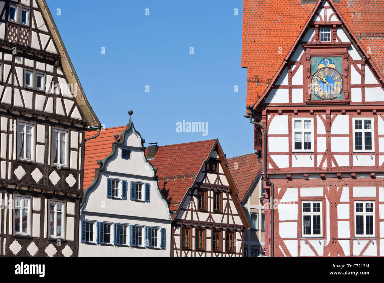 TOWN HALL AT THE MARKET PLACE IN BAD URACH,  SWABIAN ALB, BADEN-WUERTTEMBERG, GERMANY Stock Photo