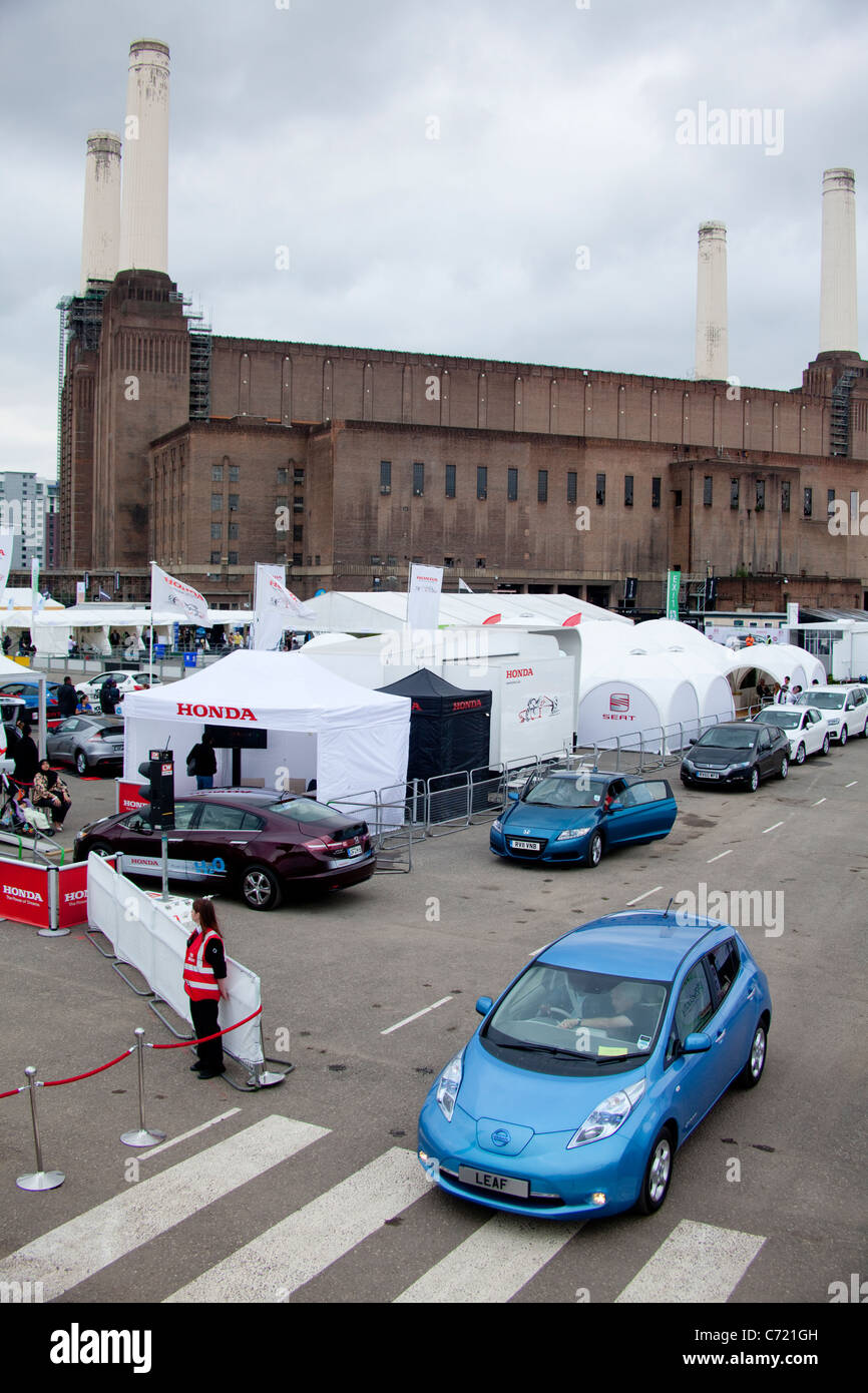 Nissan Leaf battery electric motor engine  car show blue green eco zero emission Battersea Power Station London Stock Photo