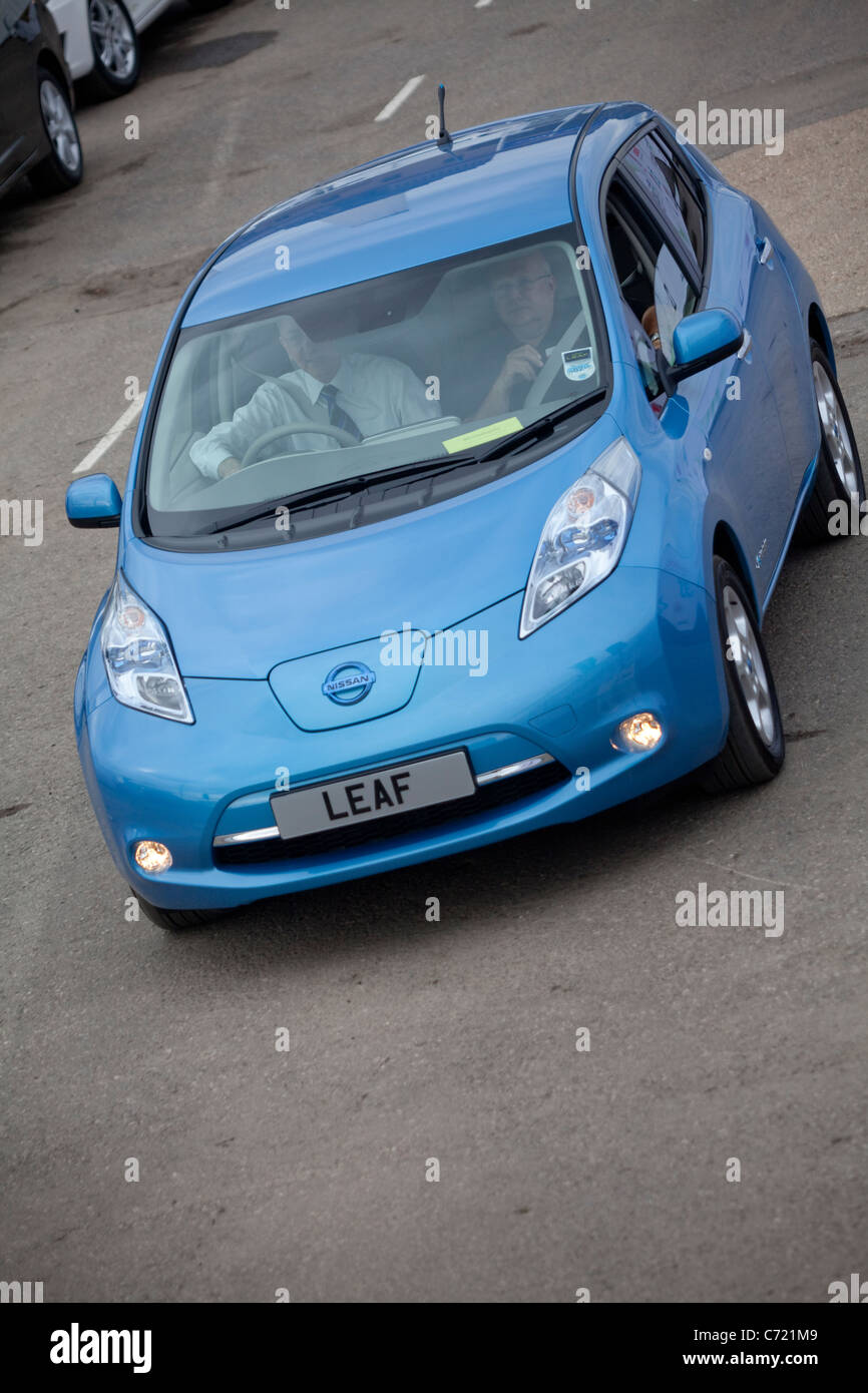 Nissan Leaf battery electric motor engine socket car blue green eco zero emission Stock Photo