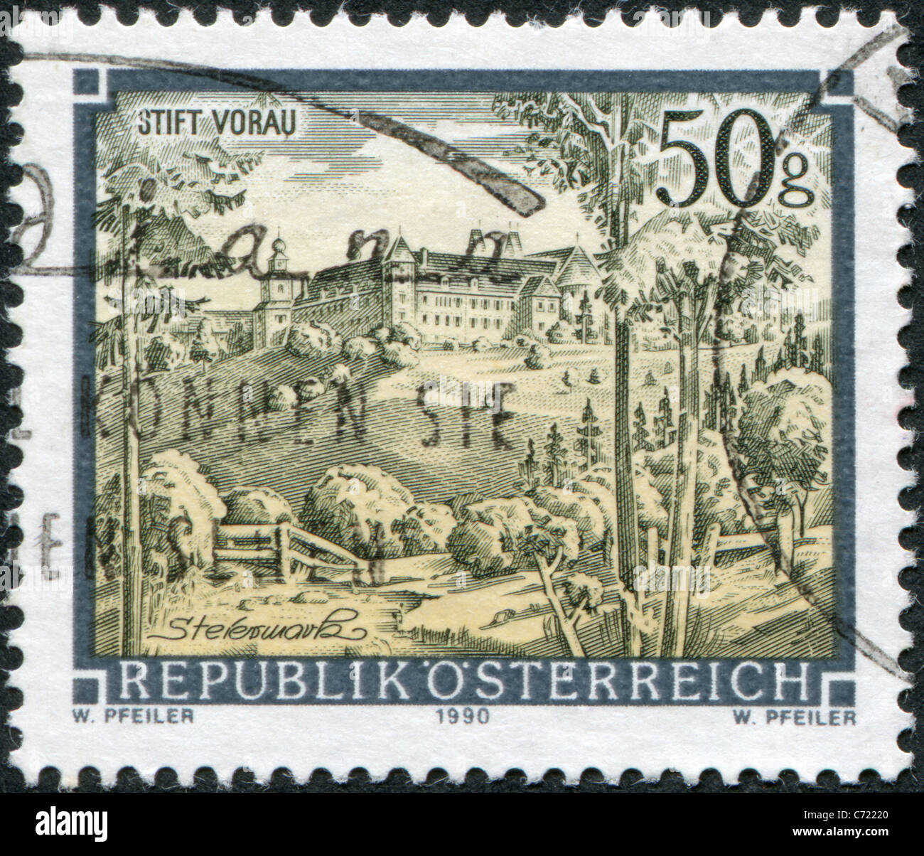 AUSTRIA - 1990: A stamp printed in Austria, shows the Augustinian monastery of Vorau Abbey Stock Photo