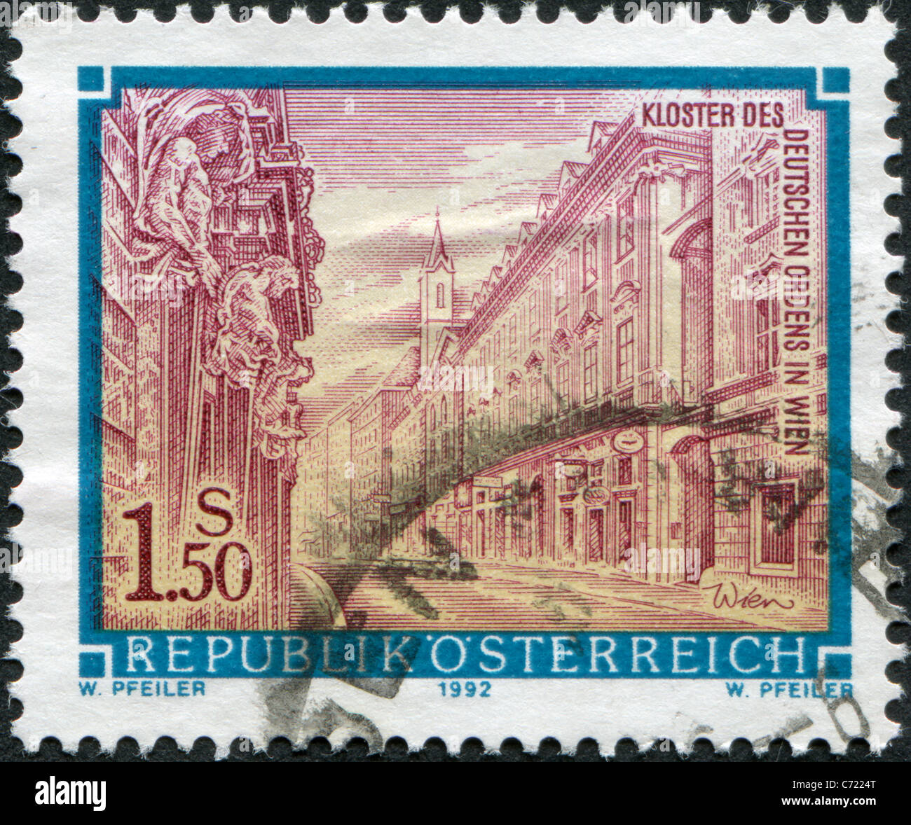AUSTRIA - 1992: A stamp printed in Austria, shows the Church of the Teutonic Order, Vienna Stock Photo
