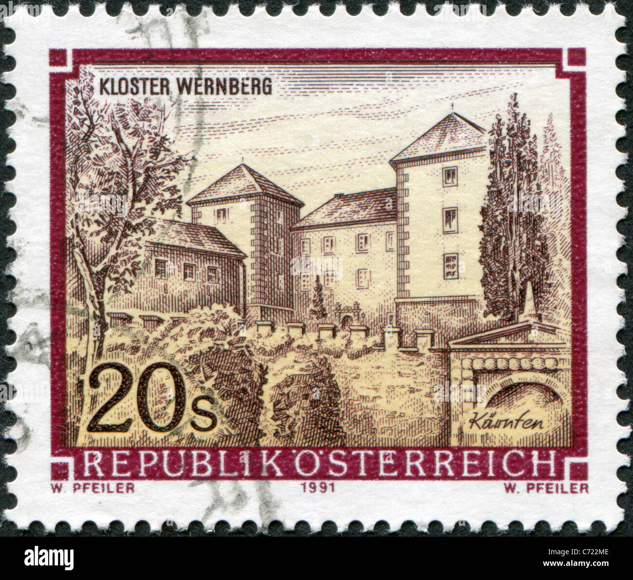 AUSTRIA - 1991: A stamp printed in Austria, shows Castle Wernberg Stock Photo