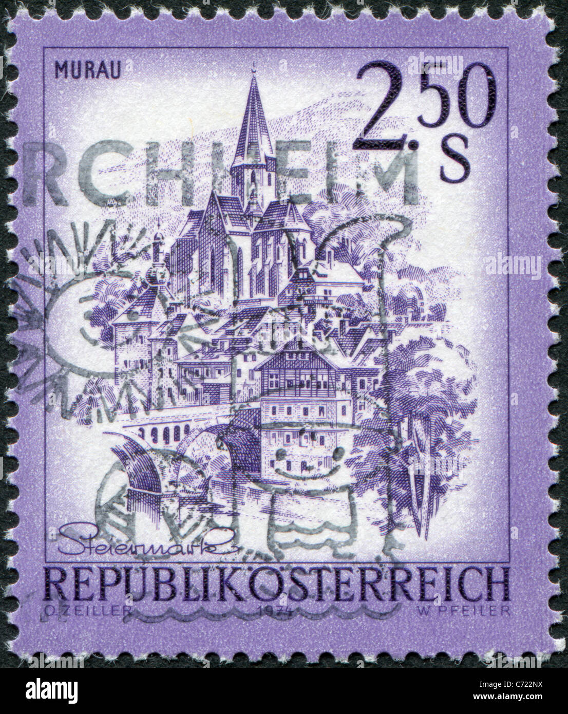 AUSTRIA - 1974: A stamp printed in Austria, shows the city of Murau, Styria Stock Photo