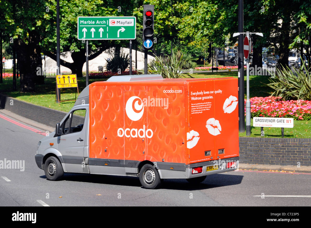 Internet retail business Ocado online shopping home grocery delivery van in Park Lane Mayfair West End London England UK Stock Photo
