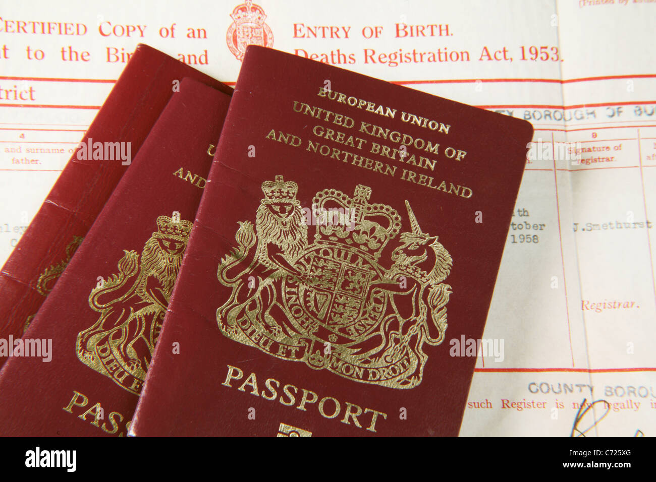 UK Passports and Birth Certificate; Illegal Immigration and Forgery Concept Stock Photo