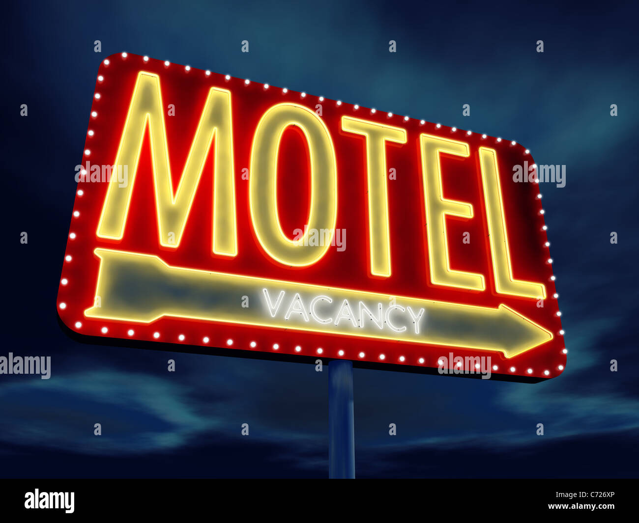 Motel neon sign at dusk , 3d illustration Stock Photo