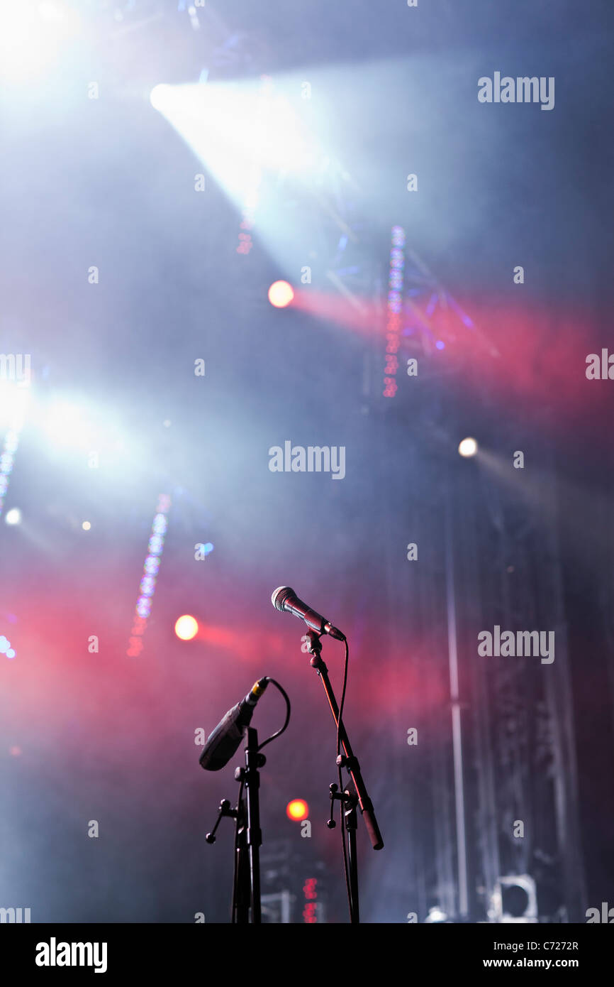 Canada,Quebec,Montreal, Montreal Jazz Festival, microphones and stage lights Stock Photo