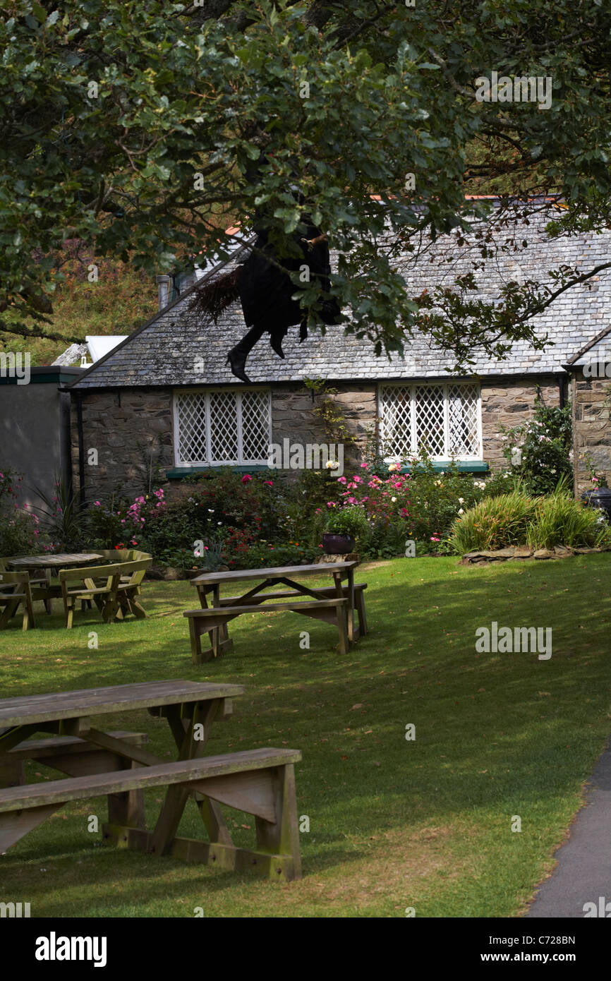 Tea room gardens with black witch hanging from tree by Valley of the Rocks, Lynton, Exmoor, Devon UK in August Stock Photo