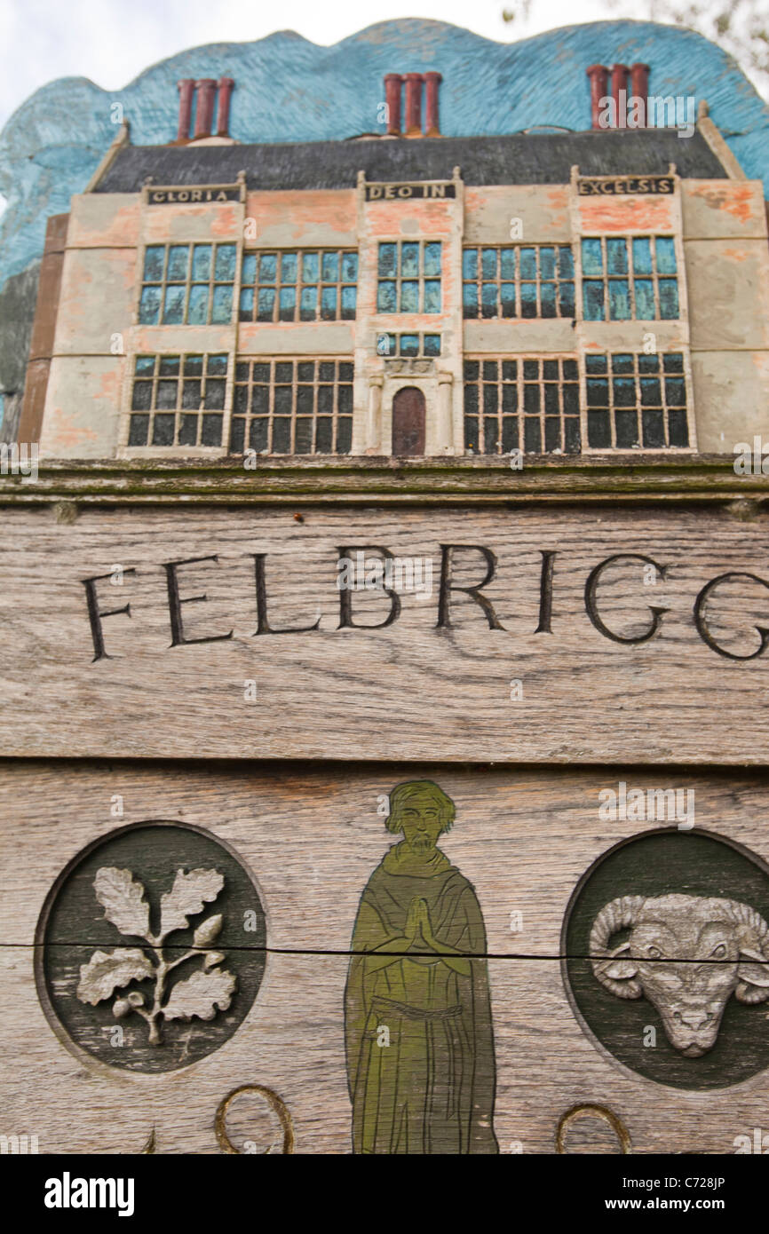 A traditional wooden village sign for Felbrigg village in Norfolk, UK. Stock Photo