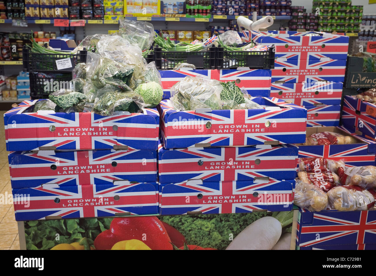 Boxes of British vegetables grown in Lancashire on sale in a Lidl