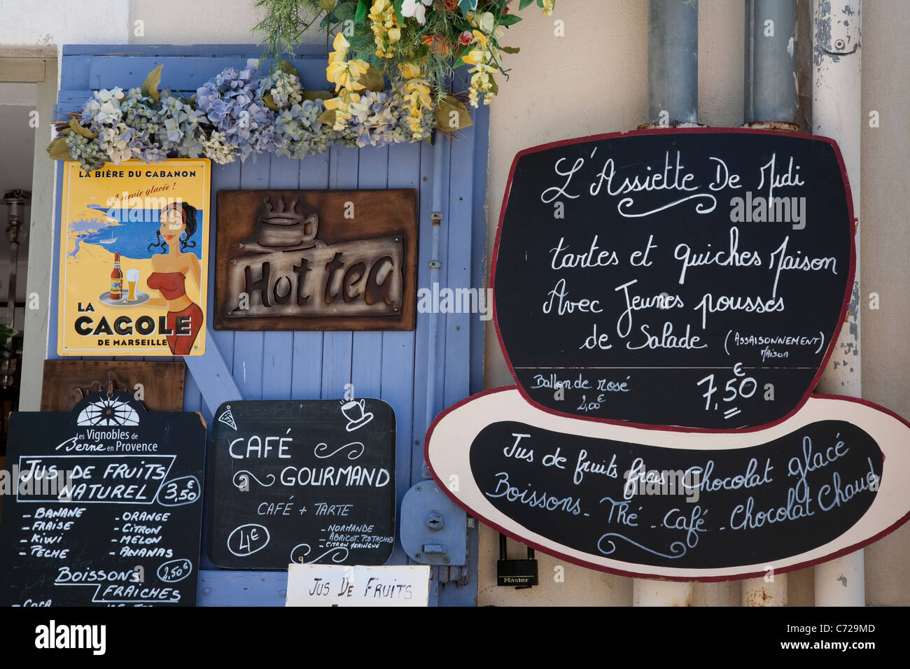 French Food Menus at Les Gourmandises du Panier, Panier Neighbourhood, Marseilles; France Stock Photo