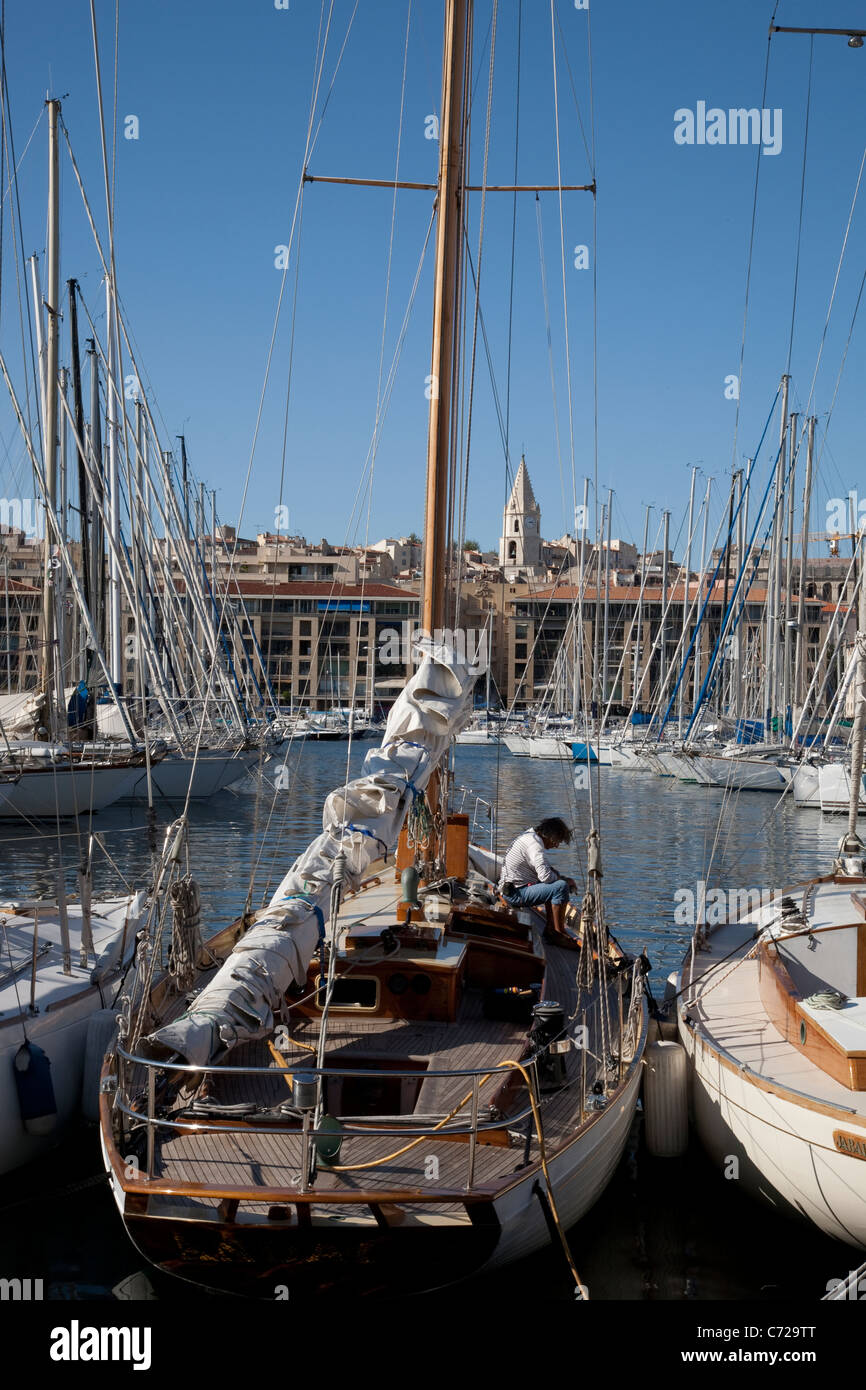 Man on Yacht in Vieux Port, Marseilles; France Stock Photo