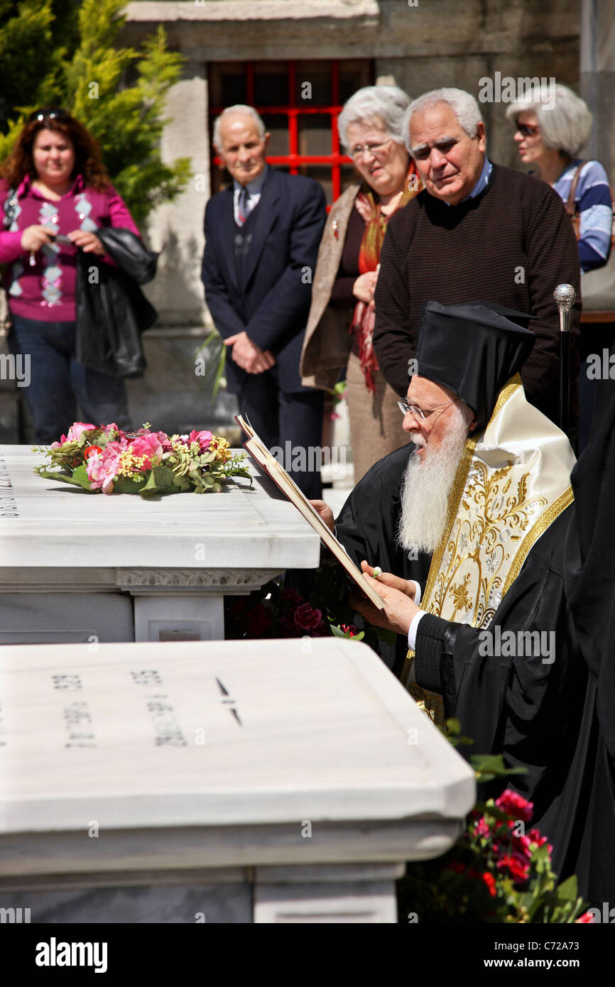 The Ecumenical Orthodox Patriarch, his Holiness, Mr. Vartholomaios, in a memorial ceremony, in Valukli monastery, Istanbul. Stock Photo