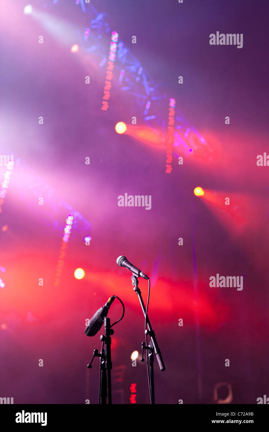 Canada, Quebec, Montreal, Montreal Jazz Festival, microphones and stage lights Stock Photo