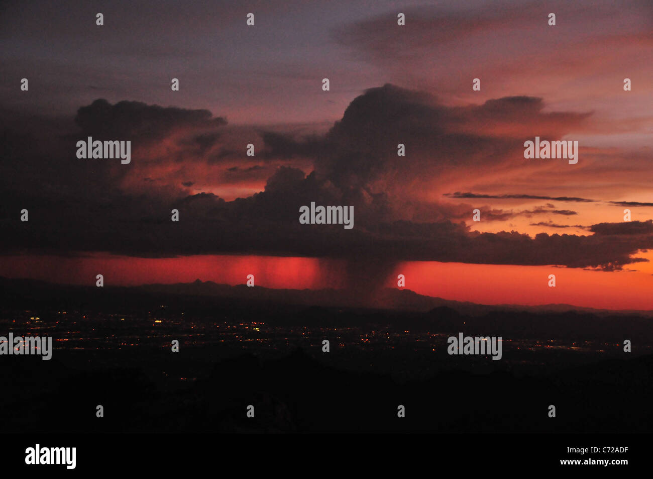 A monsoon shower at sunset seen from Windy Point, Mount Lemmon, Coronado National Forest
