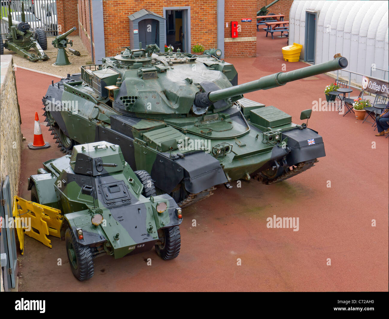 An Fv 4201 Chieftain tank which type entered service in 1967 and a small armoured car at the Heugh Battery Museum Hartlepool Stock Photo
