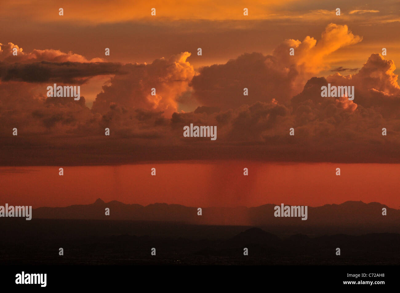 A monsoon shower at sunset seen from Windy Point, Mount Lemmon