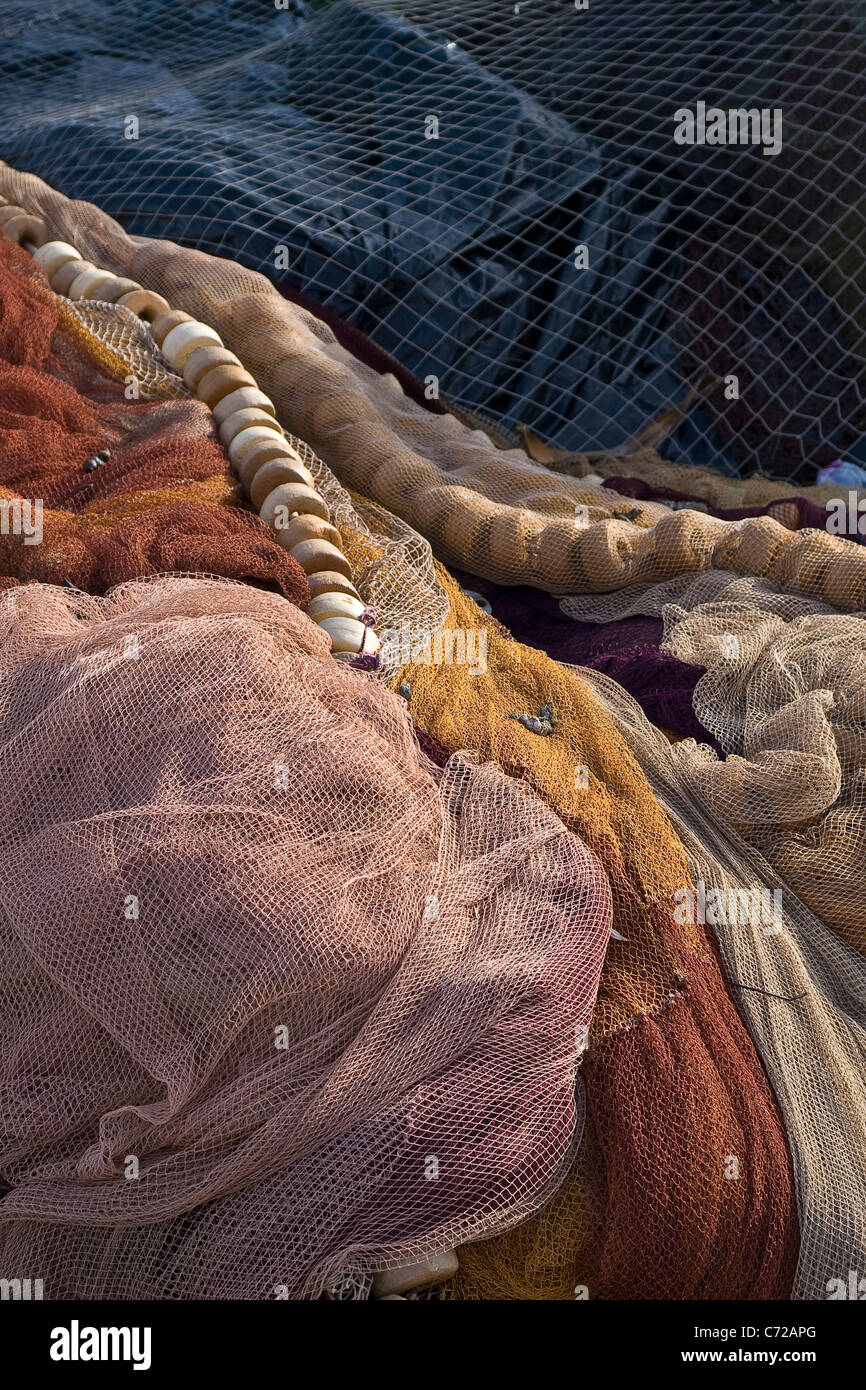 Fishing nets drying on the port. Santurce, Bizkaia province, Basque country, Spain. Stock Photo
