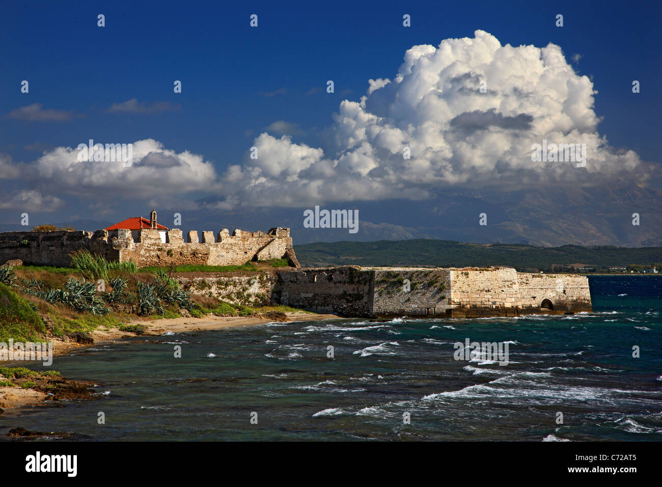 Pantokratoras castle in the 'mouth' of the Ambracian gulf, Preveza town, Epirus, Greece Stock Photo