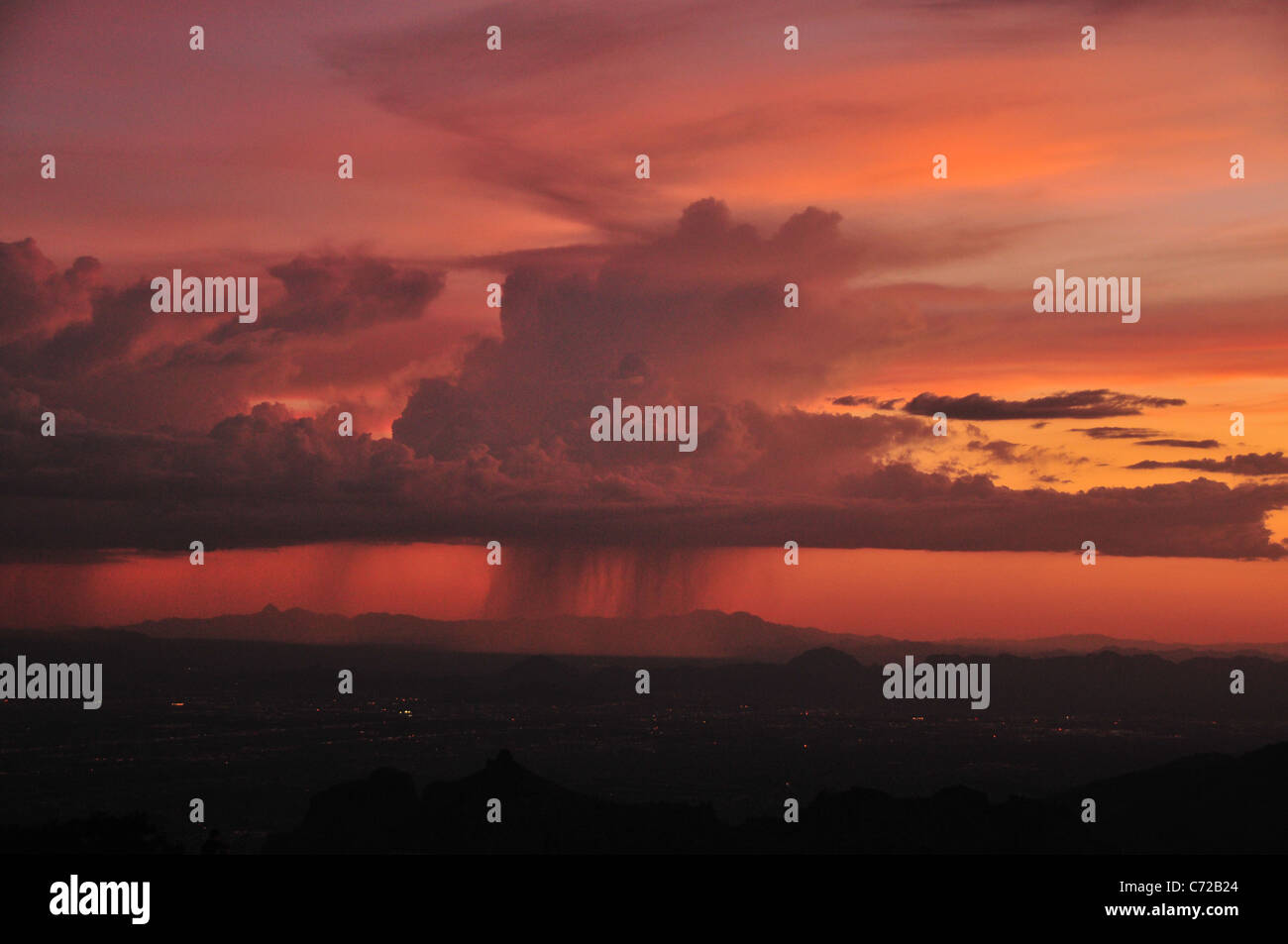 A monsoon shower at sunset seen from Windy Point, Mount Lemmon