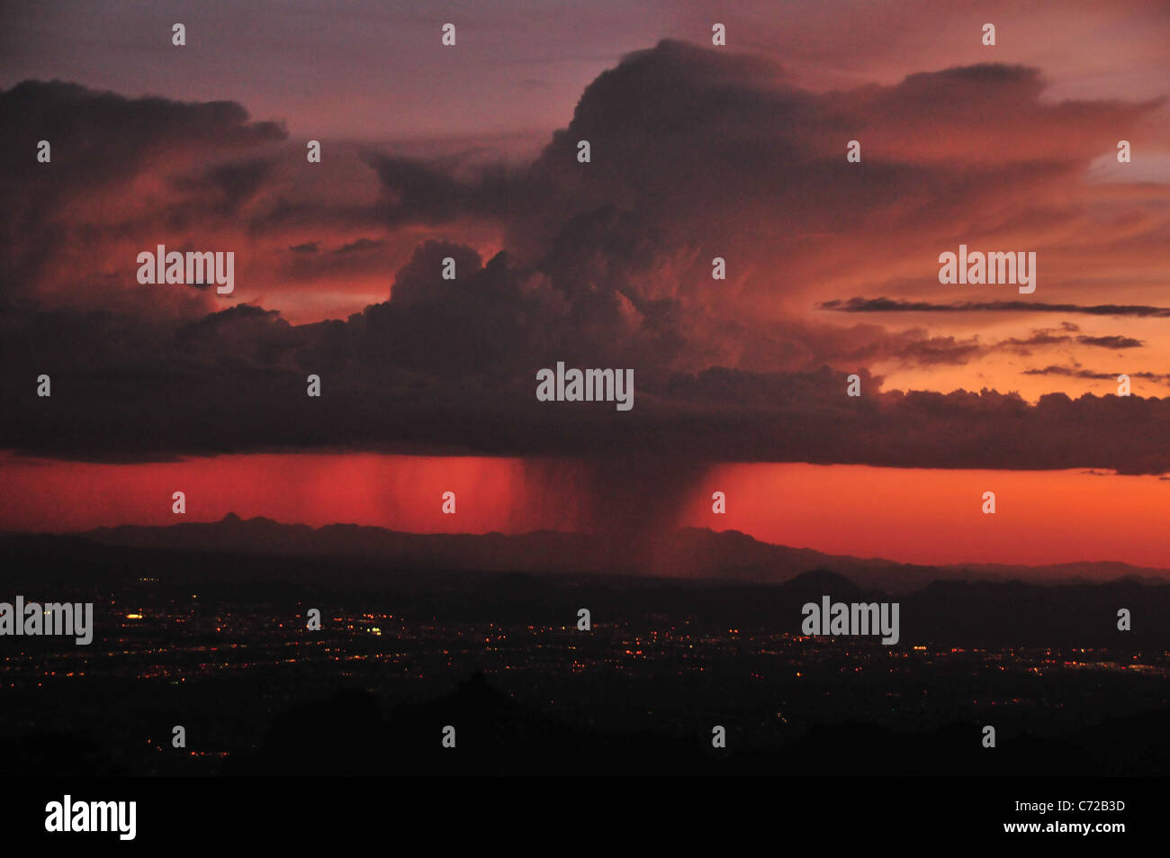 A monsoon shower at sunset seen from Windy Point, Mount Lemmon