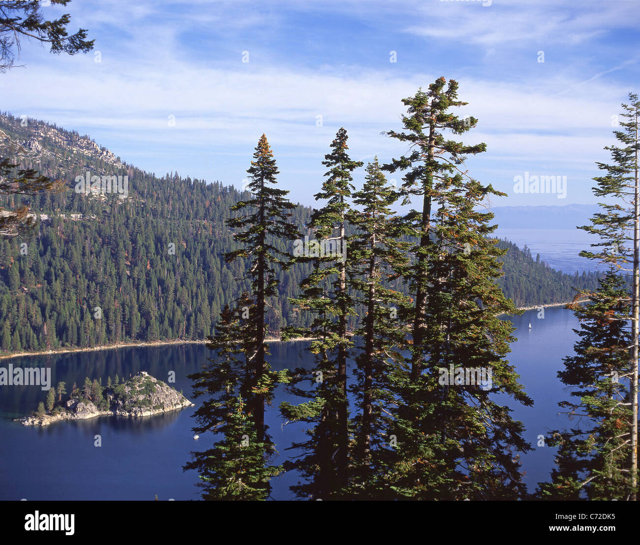 Emerald Bay showing Fannette Island, Lake Tahoe, Sierra Nevada, Nevada, United States of America Stock Photo