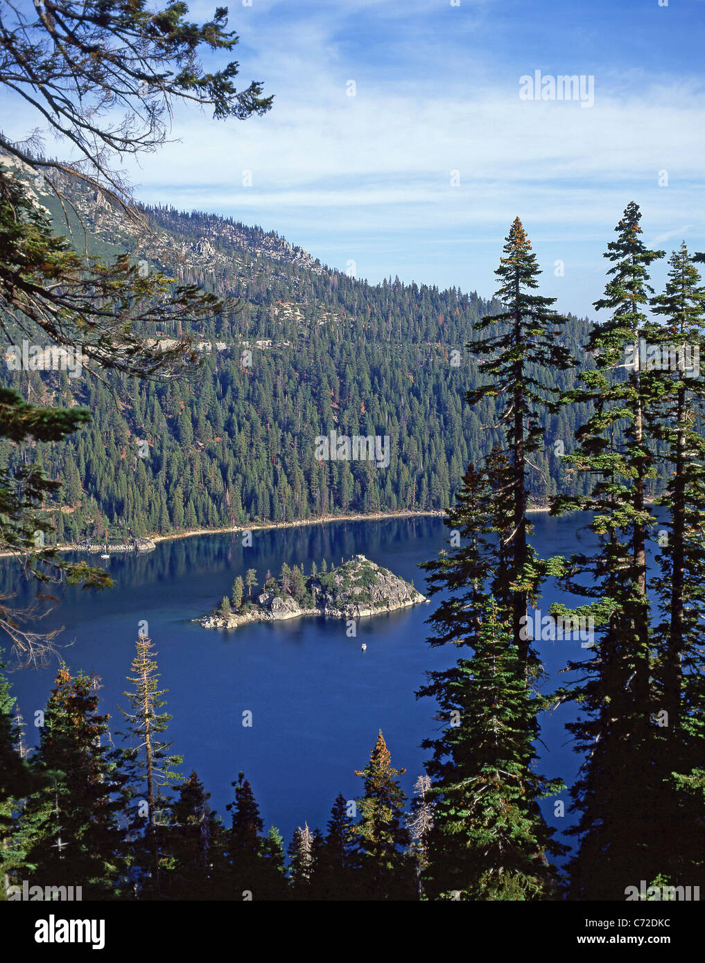 Emerald Bay showing Fannette Island, Lake Tahoe, Sierra Nevada, Nevada, United States of America Stock Photo
