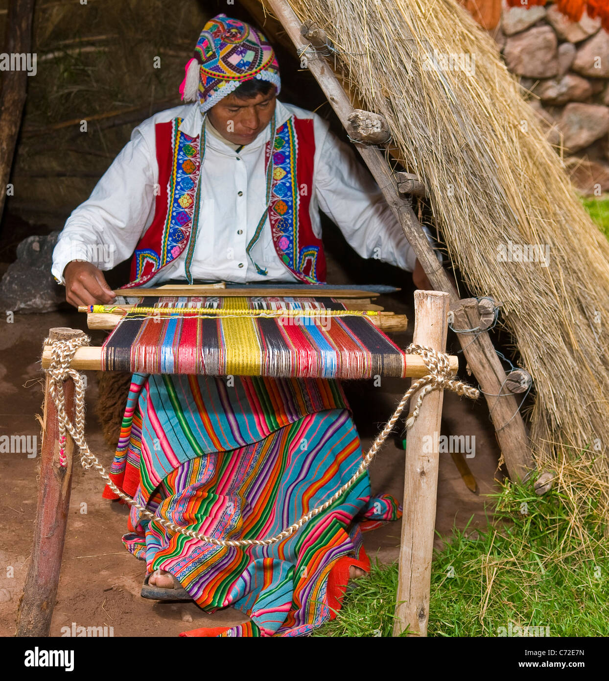 Quechua India man weaving with strap loom Stock Photo