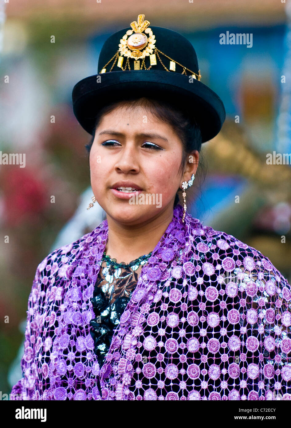 Portrait of Peruvian dancer with traditional clothes dancing in street in Cusco Peru Stock Photo