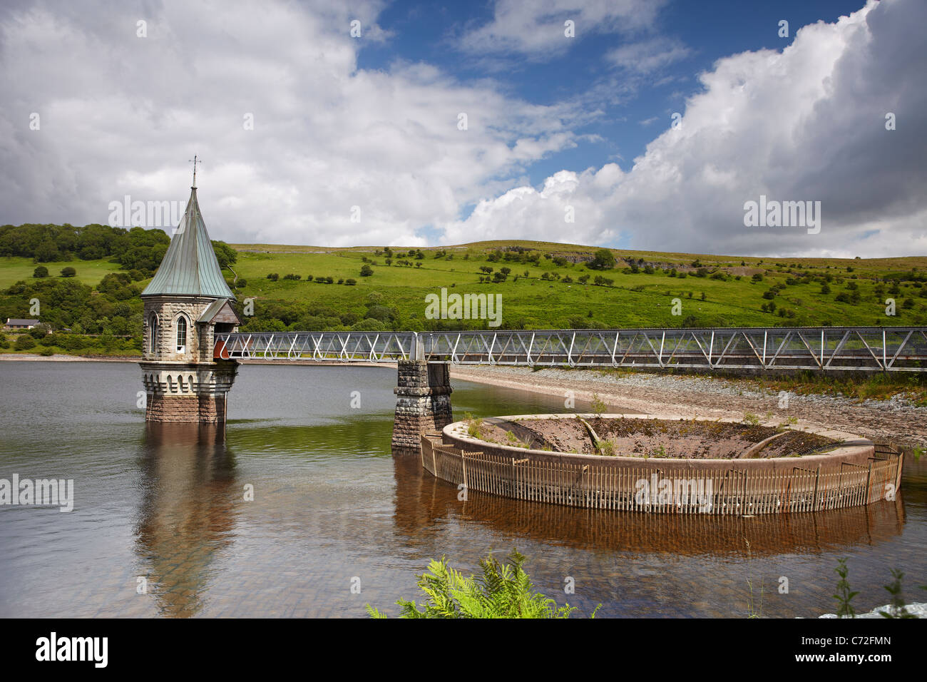 Overflow and draw off tower at Pontsticill Reservoir, near Merthyr Tydfil, Wales, UK Stock Photo