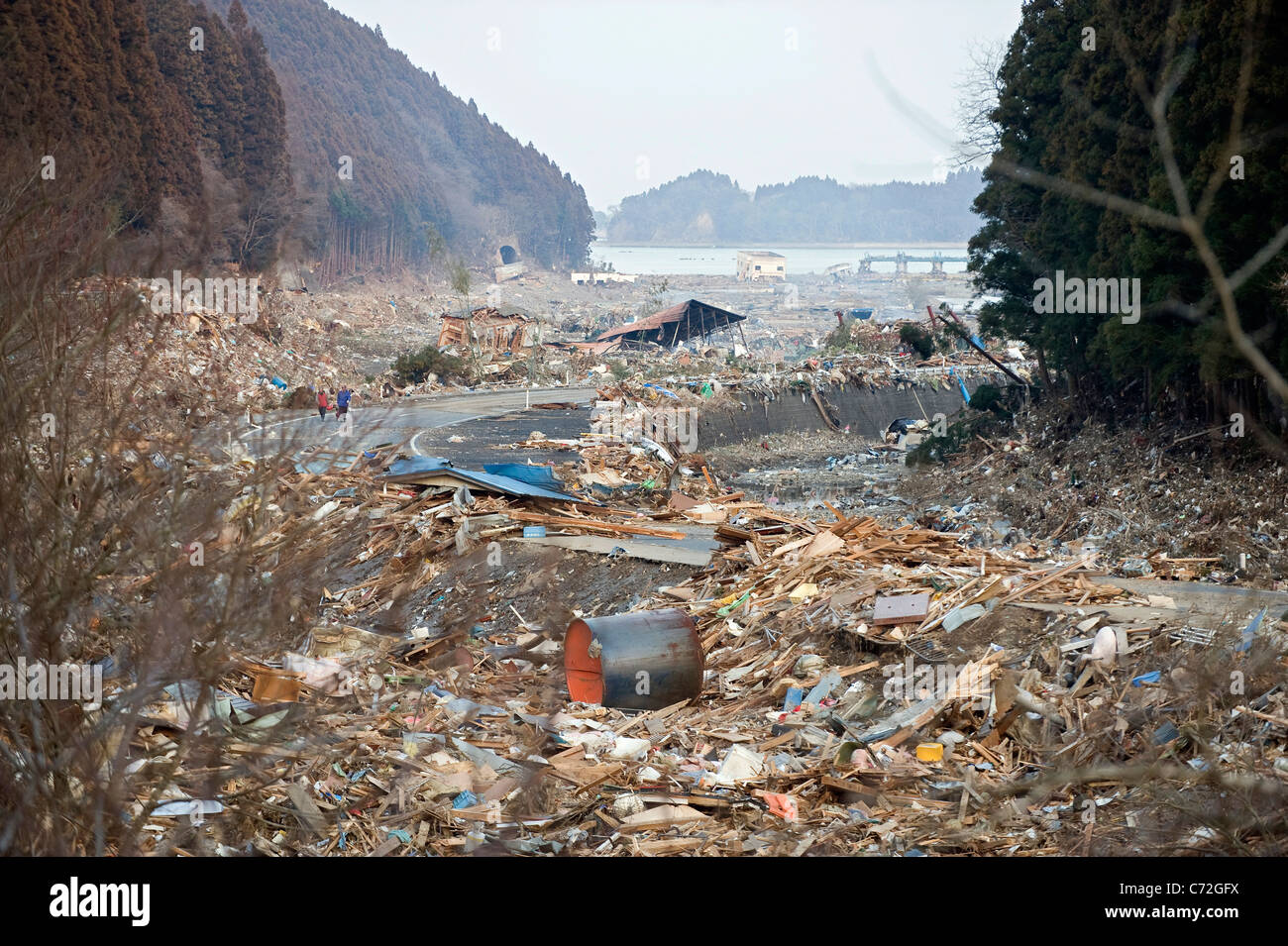 Shattered homes and other debris that was swept inland by the tsunami in Minamisanriku, Japan Stock Photo