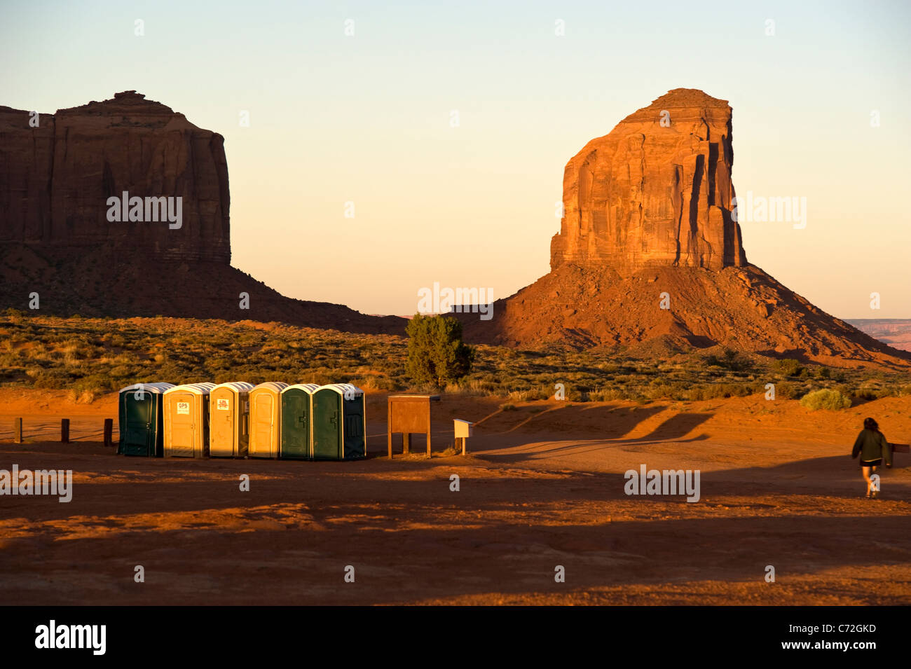 Sunrise in Monument valley near to Campsite and toilet area Arizona USA Stock Photo
