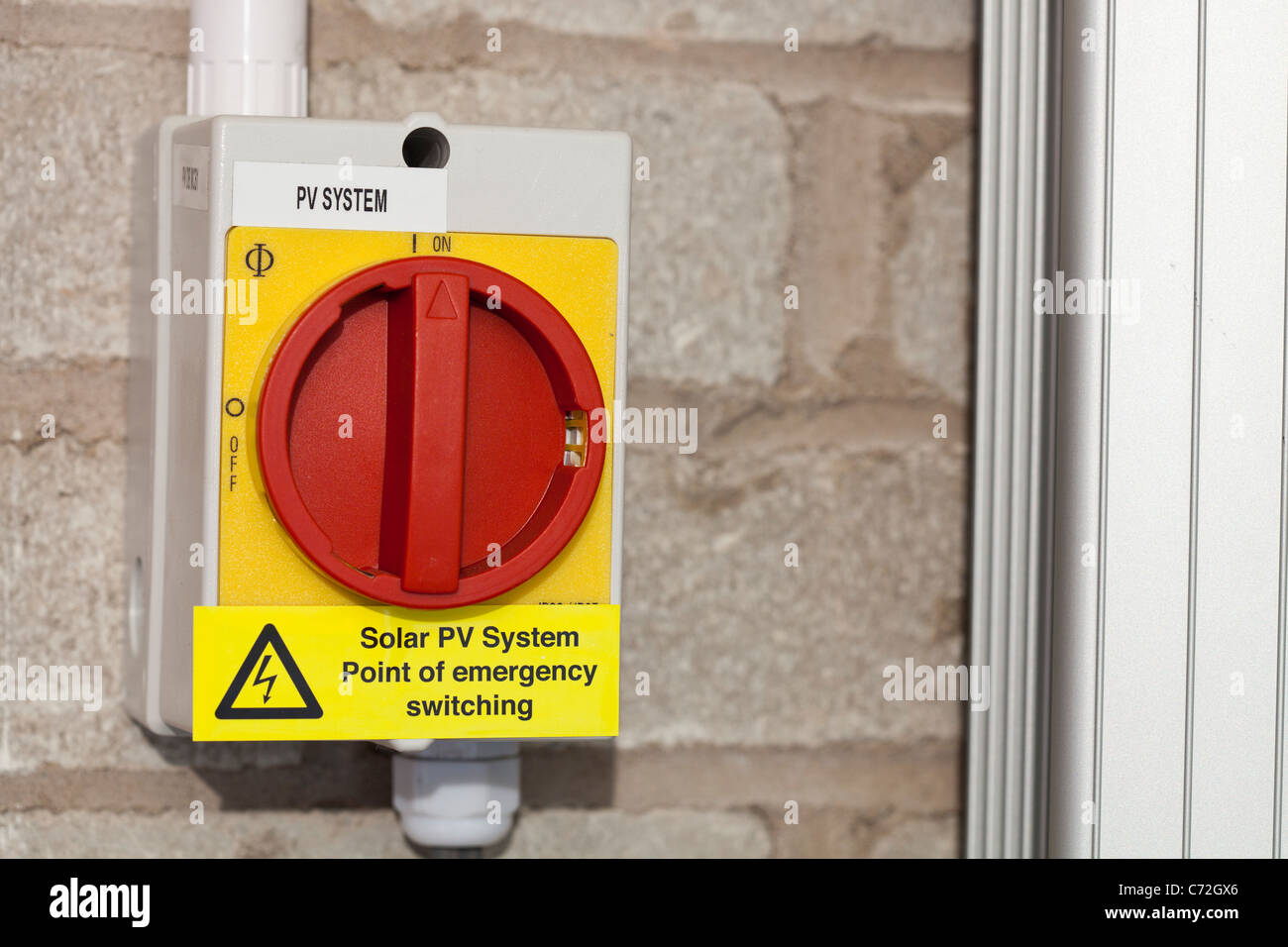 An emergency switch unit on a household solar panel power system. Stock Photo