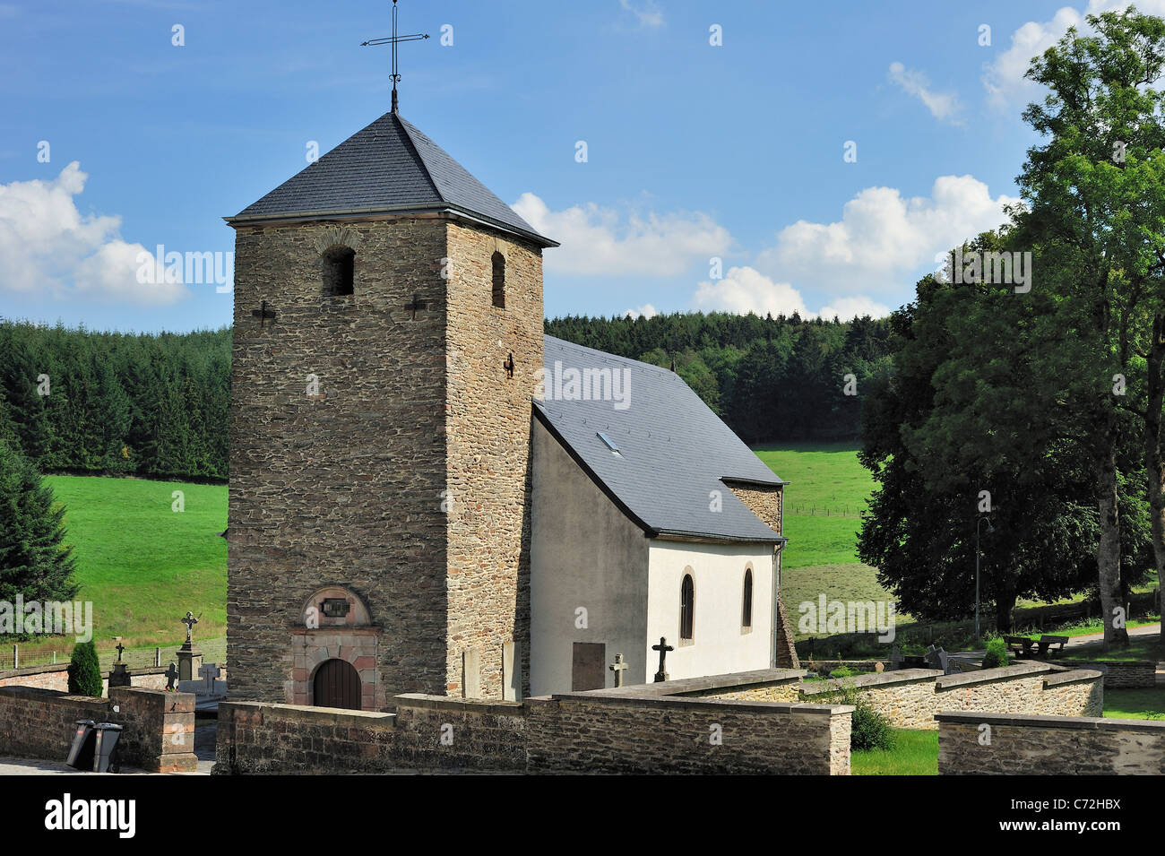 The church of Rindschleiden / Randschleid, with its frescoes from the 15th and 16th century, smallest village in Luxembourg Stock Photo