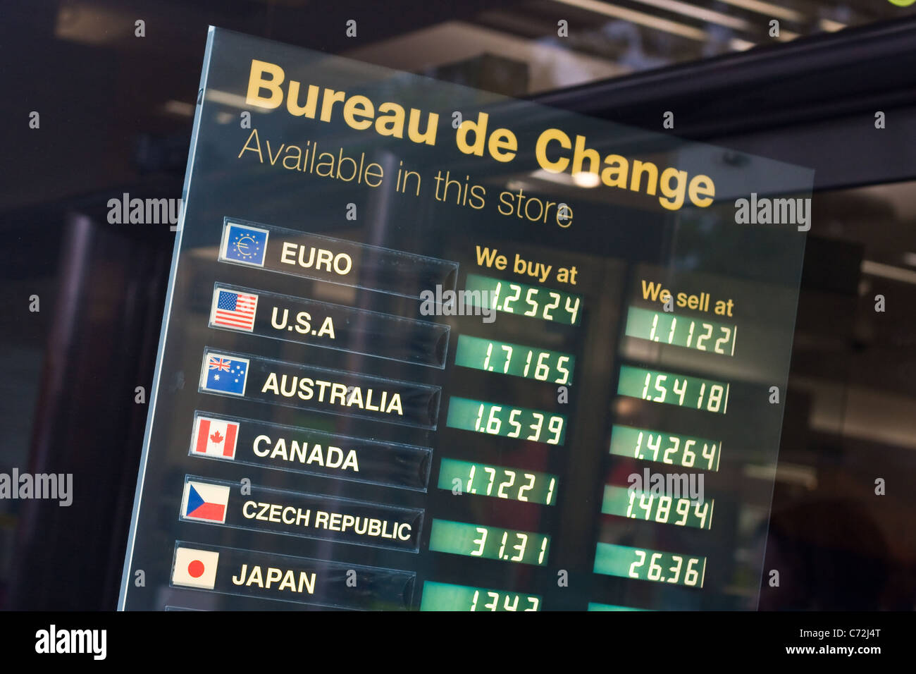 Exchange rates advertised at a Bureau de Change in the UK Stock Photo